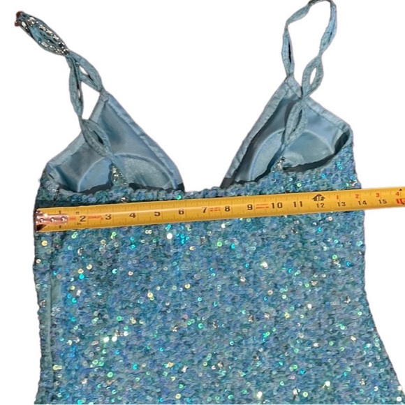 Scala NWT turquoise sequins embellished spaghetti strap formal mini dress medium - Picture 9 of 14